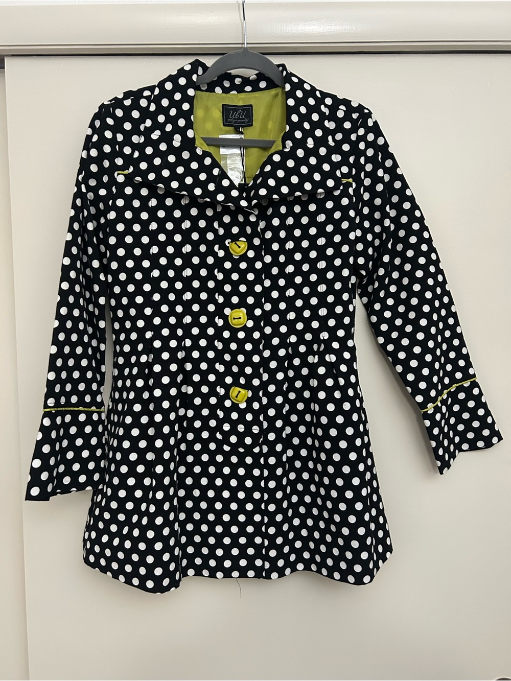 UbU Black & White Polka Dot Trench Coat with Lime Trim. NWT